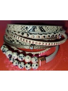 EXPRESS ANIMAL PRINT BEADED & STUDDED LEATHER MAGNETIC CLOSURE MULTI BRACELET